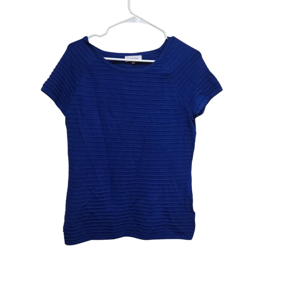 Calvin Klein Ribbed Knit Top Blue Short Sleeve Fitted Small